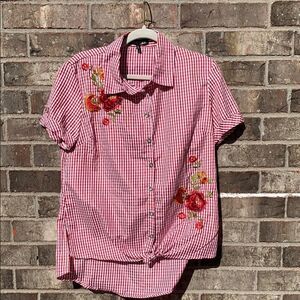 Take 50% OFF- Kontrol Red Embroidered Button-Up Shirt, Size-M